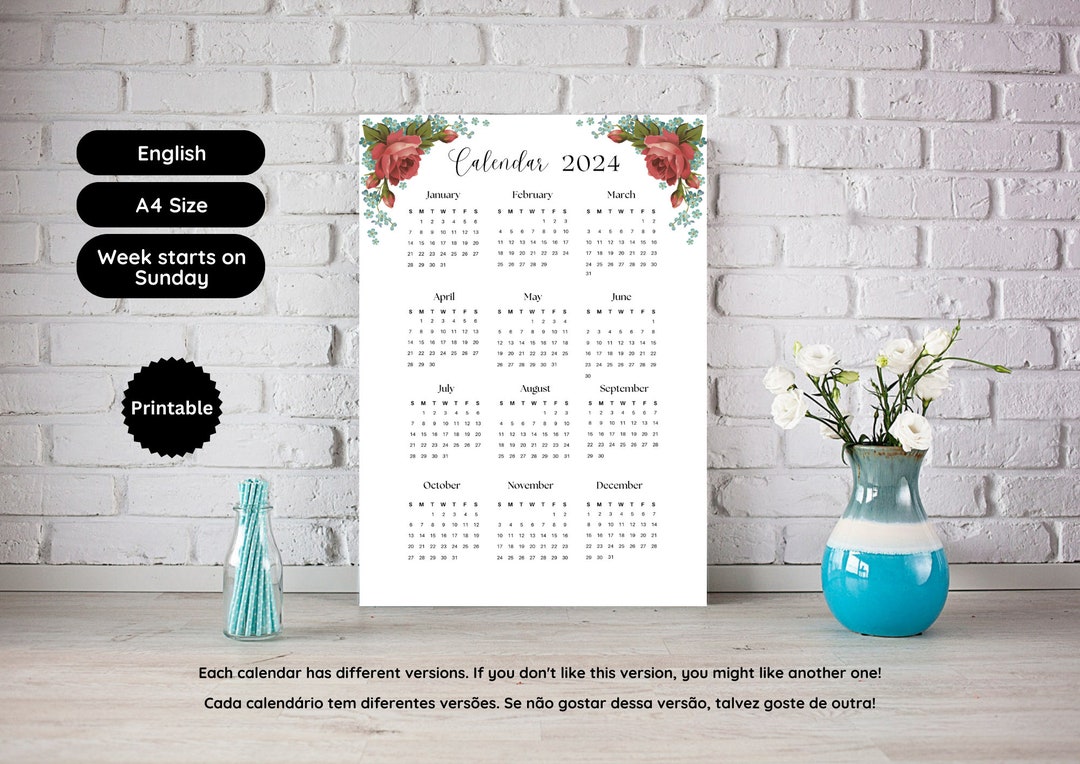 2024 Annual Floral Calendar Vertical A4 Size Sunday Start English, 2024 ...
