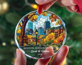 Gepersonaliseerd Boston-ornament, aangepaste stad kerstaandenken, decor paar naam jaar