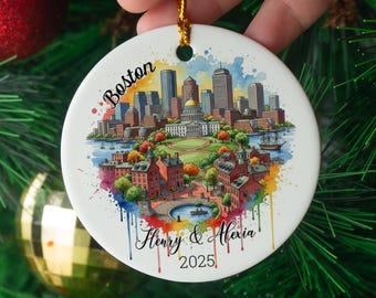 Personalized Boston Ornament: Watercolor Travel Souvenir, USA City Gift