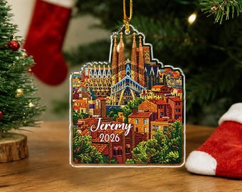 Personalized Barcelona Sagrada Familia Acrylic Ornament, Custom Spain Travel Keepsake, Embroidered Style Cityscape Christmas Gift 2026