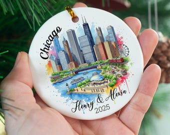 Personalized Chicago Ornament: Watercolor Skyline Keepsake