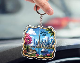 Gepersonaliseerde sleutelhanger Toronto Skyline, sleutelhouder CN Tower Waterfront, Canada Travel Souvenir