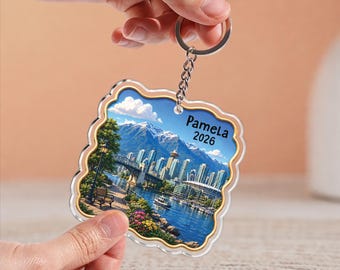 Gepersonaliseerde sleutelhanger Vancouver Skyline, sleutelhanger Mountain Waterfront, reiscadeau Canada