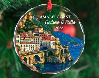Personalized Amalfi Coast Ornament, Custom Italy Travel Keepsake, Glass Christmas Gift (3x3 Inch)