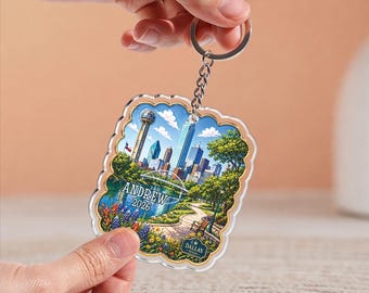 Gepersonaliseerde sleutelhanger Dallas Skyline, aangepaste naam acrylsleutelhanger, Reunion Tower Cityscape sleutelhouder reiscadeau
