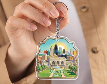 Gepersonaliseerde Kansas City Skyline-sleutelhanger, aangepaste naam acrylsleutelhanger, Union Station landmark sleutelhouder reiscadeau
