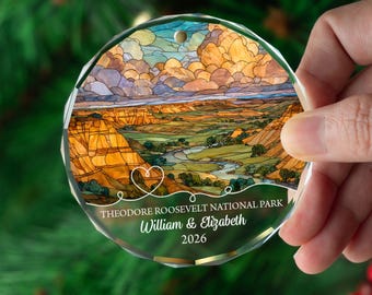 Custom Theodore Roosevelt National Park Glass Ornament, Personalized North Dakota Travel Keepsake