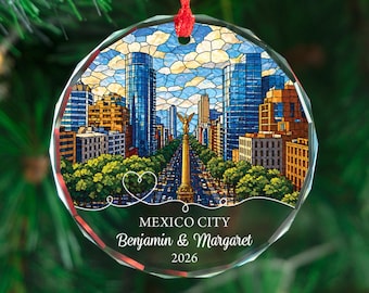 Gepersonaliseerd ornament Mexico-stad, skyline Angel of Independence, 2026 Travel Memory Keepsake, gebrandschilderd glas stijl stadsdecor