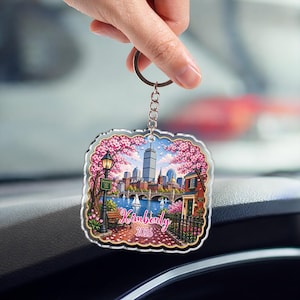 May include: A clear acrylic keychain featuring a scenic illustration of a city skyline with a river, bridge, and buildings. The keychain has a silver keyring and chain. The name "Kimberly" and the year "2026" are written on the keychain.