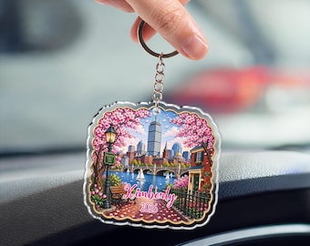 Gepersonaliseerde sleutelhanger Boston Skyline, aangepaste naam acrylsleutelhanger, Charles River lentescène sleutelhouder reiscadeau