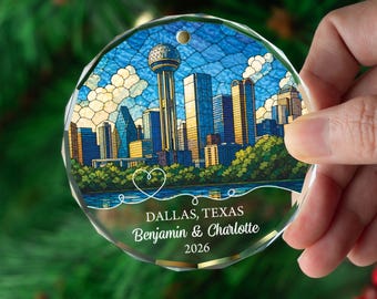 Gepersonaliseerd Dallas-ornament, aangepaste skyline kerstherinnering, decor paar naam jaar