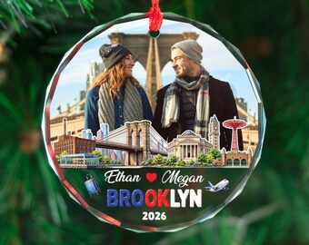 Personalized Brooklyn NYC Photo Ornament, Custom New York Travel Souvenir, Couple Vacation Memory Gift