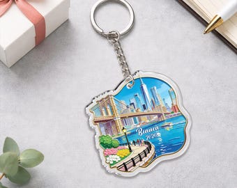 Custom New York Keychain, Personalized NYC Skyline Keyring, Brooklyn Bridge Acrylic Keychain