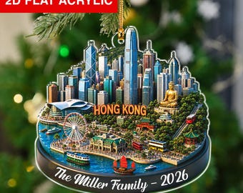 Personalized Hong Kong Ornament, Custom Travel Keepsake Gift, Christmas Cityscape Decor