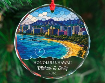Personalized Honolulu Ornament, Custom Hawaii Christmas Gift, Tropical Beach Keepsake