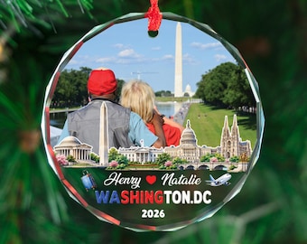 Personalized Washington DC Photo Ornament, Custom Couple Christmas Ornament, Travel Memory Keepsake, Anniversary Gift