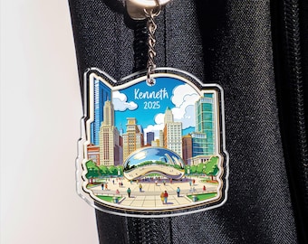 Personalized Chicago Skyline Keychain, Cloud Gate Bean Acrylic Keyring, Unique Key Holder