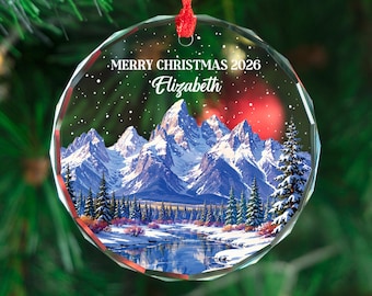 Personalized Mountain Landscape Glass Ornament, Custom Christmas Keepsake Gift, Snowy Nature Holiday Decoration