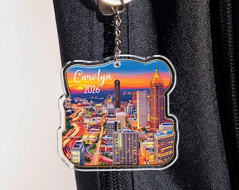Gepersonaliseerde sleutelhanger Atlanta Skyline, stadszonsondergang acryl sleutelhouder, reisgeheugencadeau