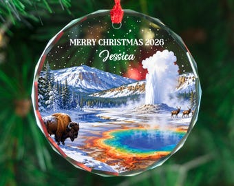Personalized Yellowstone Glass Ornament, Custom Christmas Keepsake Gift, National Park Holiday Tree Decoration