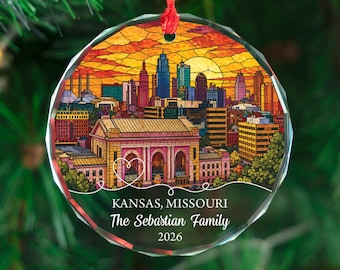 Gepersonaliseerde Kansas City-ornament, aangepaste skyline kerstherinnering, decor familienaam jaar