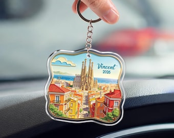 Personalized Barcelona City Keychain, Sagrada Familia Skyline Acrylic Keychain, Spain Travel Souvenir Gift