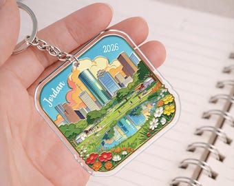 Gepersonaliseerde Houston Texas acryl sleutelhanger, Houston skyline souvenir, reiscadeau VS, stadsgezicht sleutelhanger