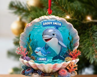 Personalized Dolphin Dad & Kids Ornament 2025: Custom Ocean Theme Christmas Decoration
