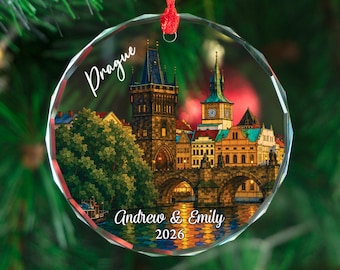 Personalized Prague Ornament, Custom Travel Christmas Keepsake Gift, Couple Name Year Decor