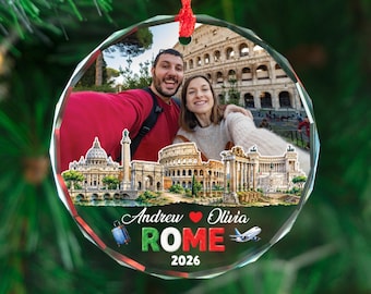 Personalized Rome Photo Ornament, Custom Italy Travel Keepsake, Couple Christmas Ornament, Rome Vacation Souvenir Gift