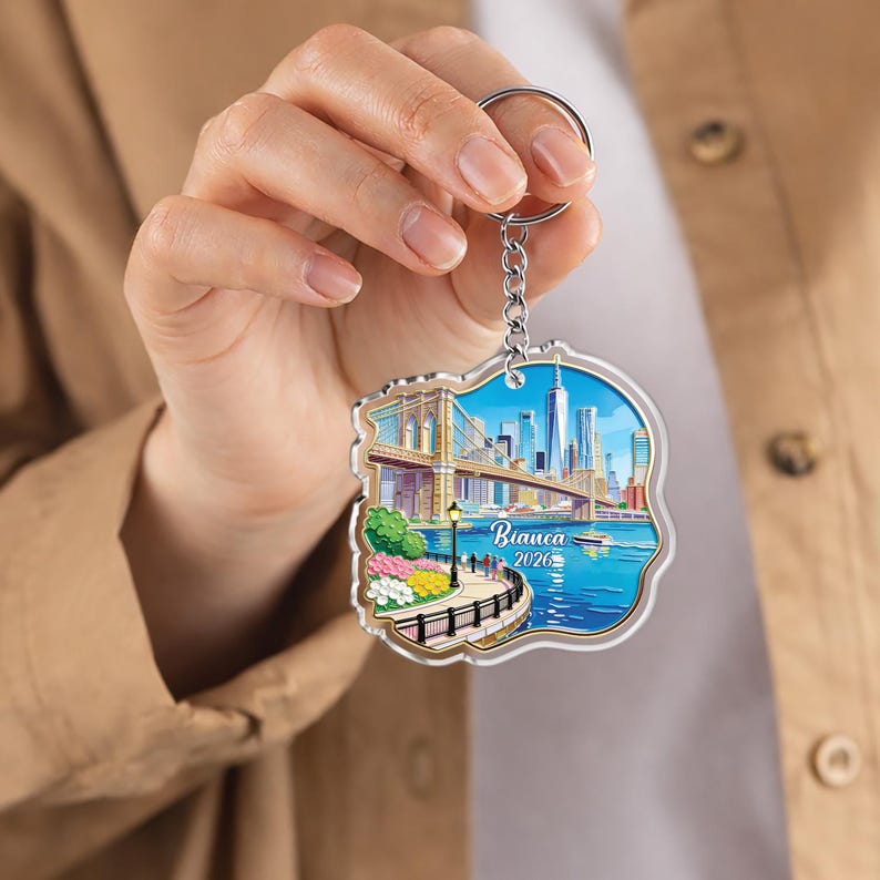 Bridge Shape Key Chain Custom New York Keychain, Personalized NYC Skyline Keyring, Brooklyn ...