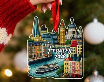 Personalized London England Cityscape Acrylic Ornament, Custom UK Travel Gift, Embroidered Style London Skyline Christmas Keepsake 2026