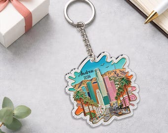 Gepersonaliseerde sleutelhanger skyline Los Angeles, aangepaste naam acrylsleutelhanger, reiscadeau VS