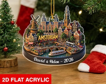 Personalized Amsterdam Ornament, Custom City Keepsake Gift, Christmas Travel Memory Decor
