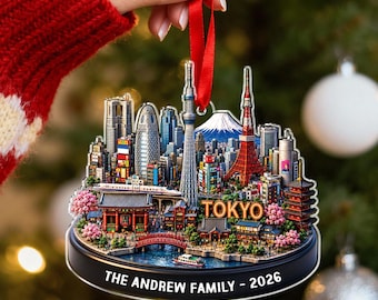 Personalized Tokyo Cityscape Ornament, Custom Family Japan Travel Keepsake, Holiday Tree Decoration