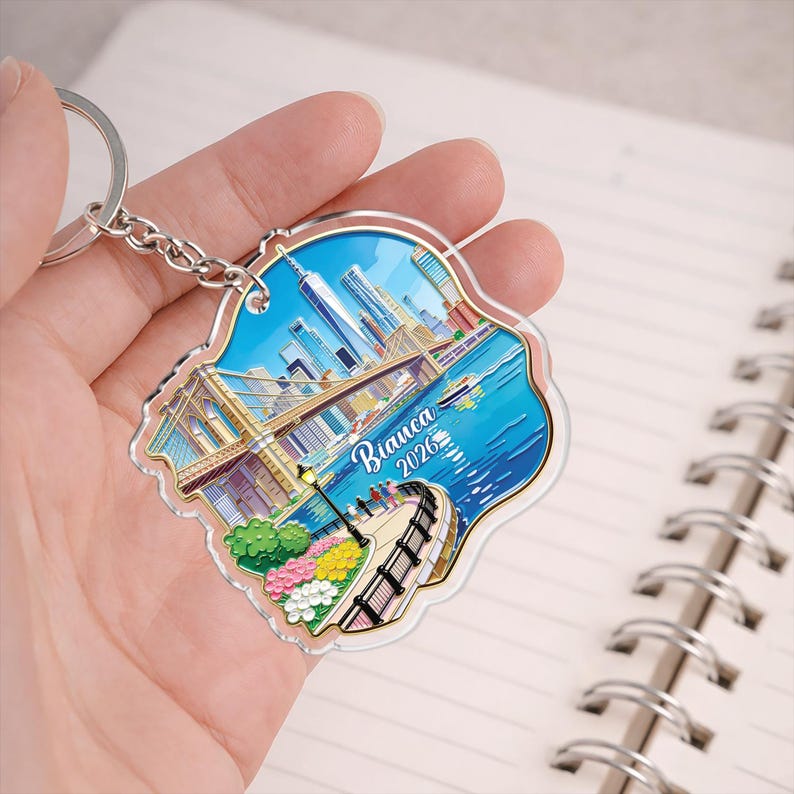 Custom New York Keychain, Personalized NYC Skyline Keyring, Brooklyn ...