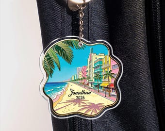 Gepersonaliseerde sleutelhanger Miami Florida, acrylsleutelhanger Miami Beach, aangepast reiscadeau
