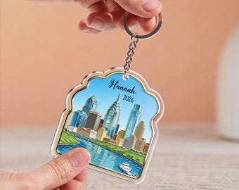 Gepersonaliseerde sleutelhanger Philadelphia Skyline, Riverfront Cityscape sleutelhouder, reiscadeau Pennsylvania