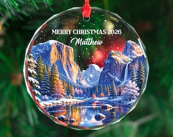 Personalized Yosemite Glass Ornament, Custom Christmas Keepsake Gift, Mountain Landscape Holiday Tree Decoration