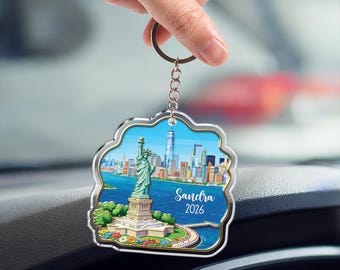 Vrijheidsbeeld New York-sleutelhanger, gepersonaliseerde acrylsleutelhanger NYC, VS-reissouvenir