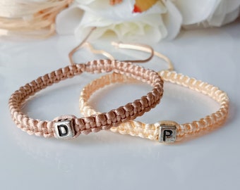 Valentine's Day Initials Bracelet Set, Personalized Adjustable Bracelet, Custom Matching Couple Bracelet Gift, Valentines Jewelry.