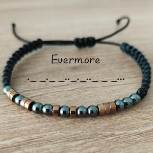 Custom Hematite Protection Morse Code Bracelet Set: Personalized Hidden Message Jewelry, Secret Message Gift