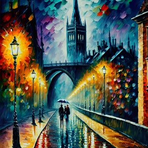 Rainy Night Romance. Vibrant Colorful Oil Painting CityScape Canvas Wall Art Print