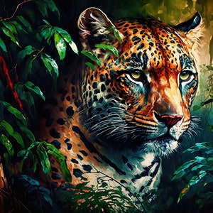 Majestic Jungle Leopard. Vibrant Colorful Oil Painting Wildlife Animal Canvas Wall Art Print.