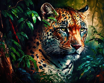 Majestätischer Dschungel Leopard. Lebendiges buntes Ölgemälde Tierwelt Tier Leinwand Wand Kunstdruck.