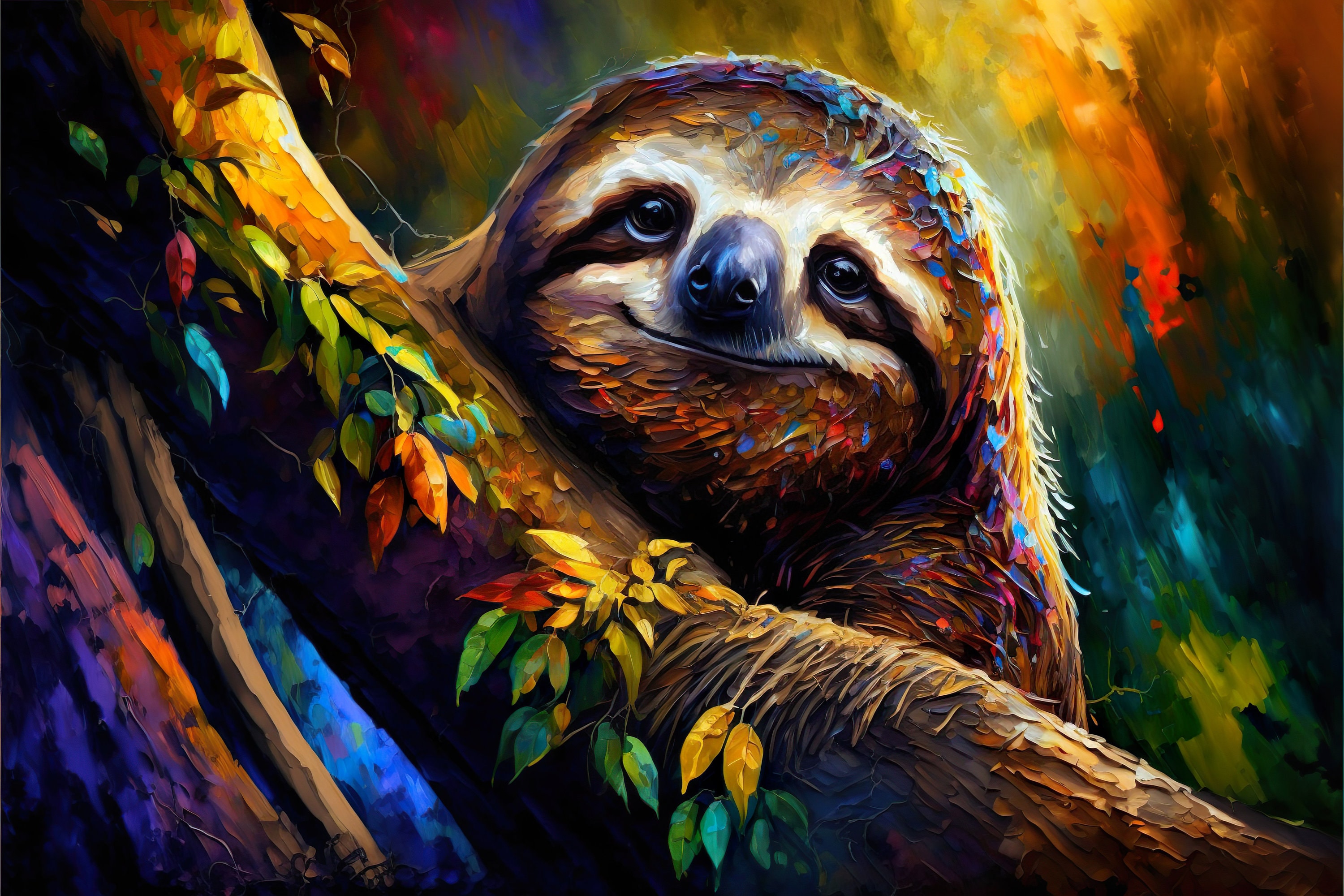 Friedliches Faultier. Lebendiges buntes Ölgemälde Tierwelt Tier Leinwand Wand Kunstdruck.