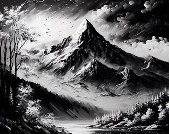 Majestuosas montañas de humo. Vibrante pintura al óleo colorida en blanco y negro impresión de arte mural.
