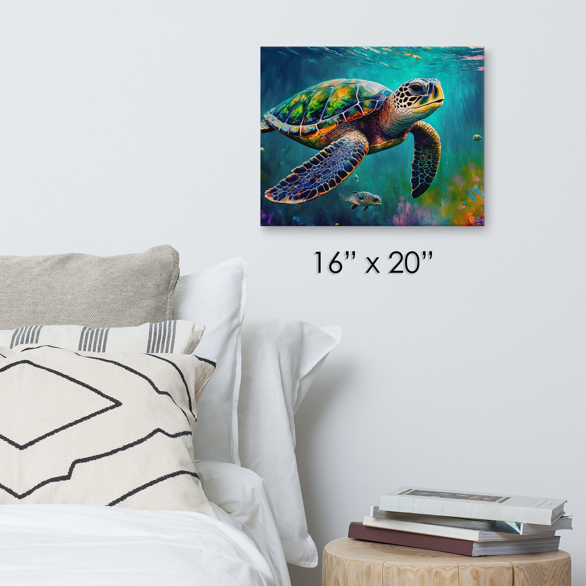 Sea Turtle Embrace. Vibrant Colorful Oil Painting Sea Life Canvas
