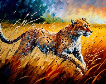 Goldener Gras Gepard Run. Lebendiges buntes Ölgemälde Tierwelt Tier Leinwand Wand Kunstdruck.