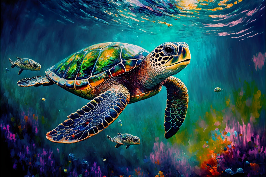 Sea Turtle Embrace. Vibrant Colorful Oil Painting Sea Life Canvas Wall